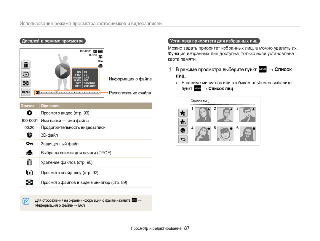 Samsung EC-MV800ZBPBRU manual Лиц, Дисплей в режиме просмотра , Установка приоритета для избранных лиц , Пункт → Список лиц 